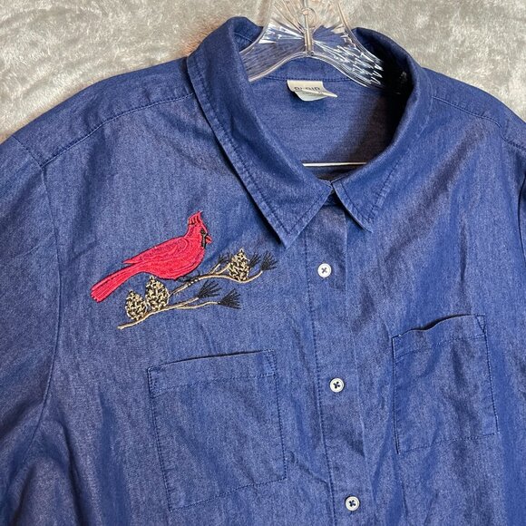 Blair Women Embroidered Bird Cardinal Blue Chambray Roll Tab Collared Shirt XL - Picture 4 of 11